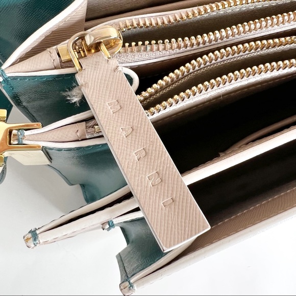 Marni Large Accordion Shoulder Bag Cream Teal Trunk Purse Leather Flap Front - Picture 12 of 13
